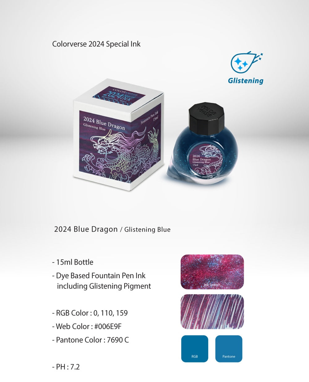 Colorverse 2024 Blue Dragon Glistening Blue 15ml Bottled Ink