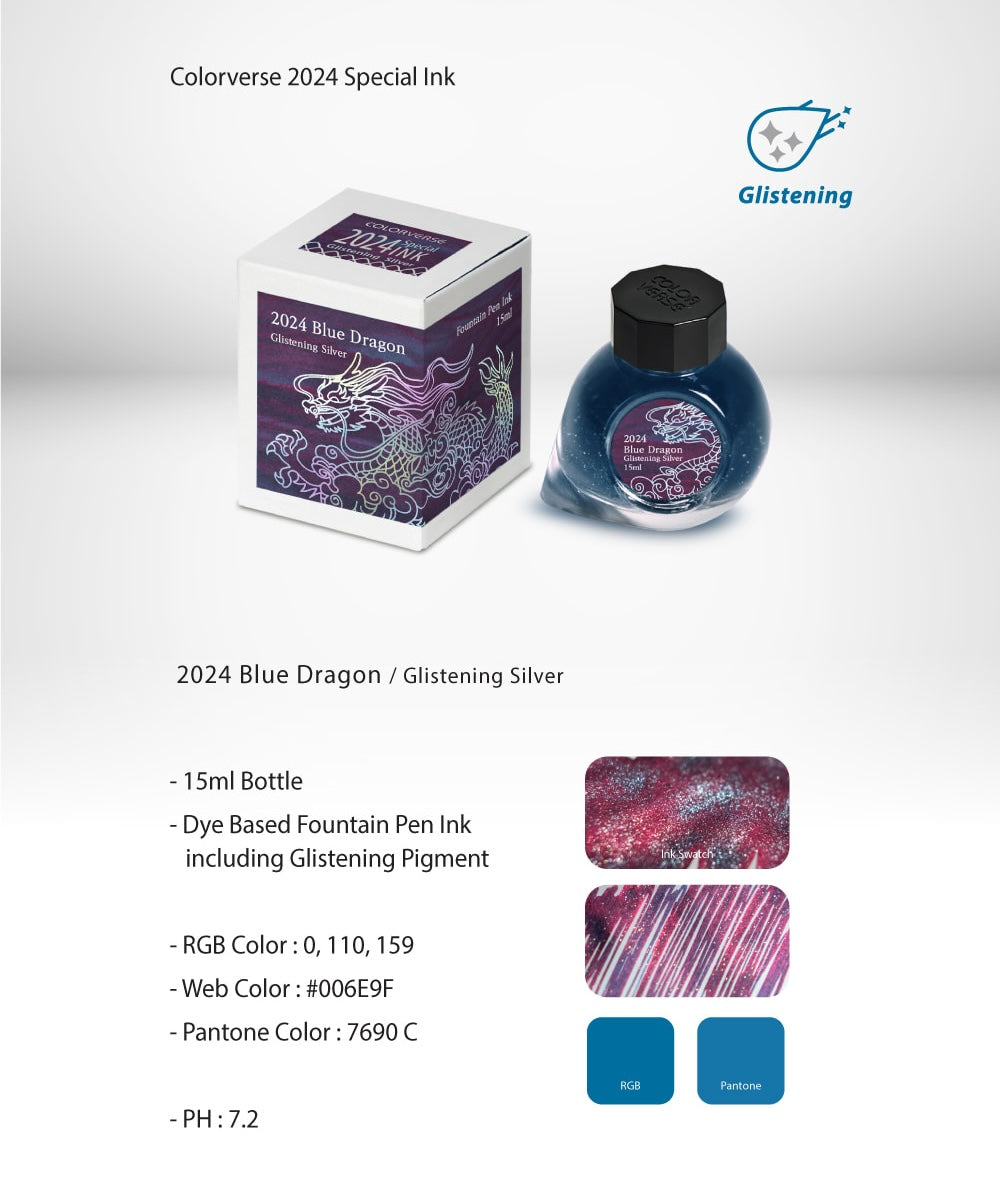 Colorverse 2024 Blue Dragon Glistening Silver 15ml Bottled Ink