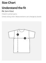 Load image into Gallery viewer, Sizing chart for a t-shirt with measurements labeled A and B on a white background.
