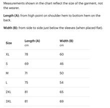 Load image into Gallery viewer, Measurement chart for garment size with length and width dimensions.

