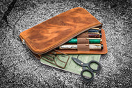Galen Leather Slip-n-Zip 4 Slots Zippered Pen Pouch - Crazy Horse Brown