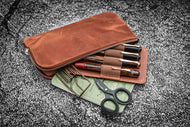 Galen Leather Slip-n-Zip 4 Slots Zippered Pen Pouch - Crazy Horse Tan